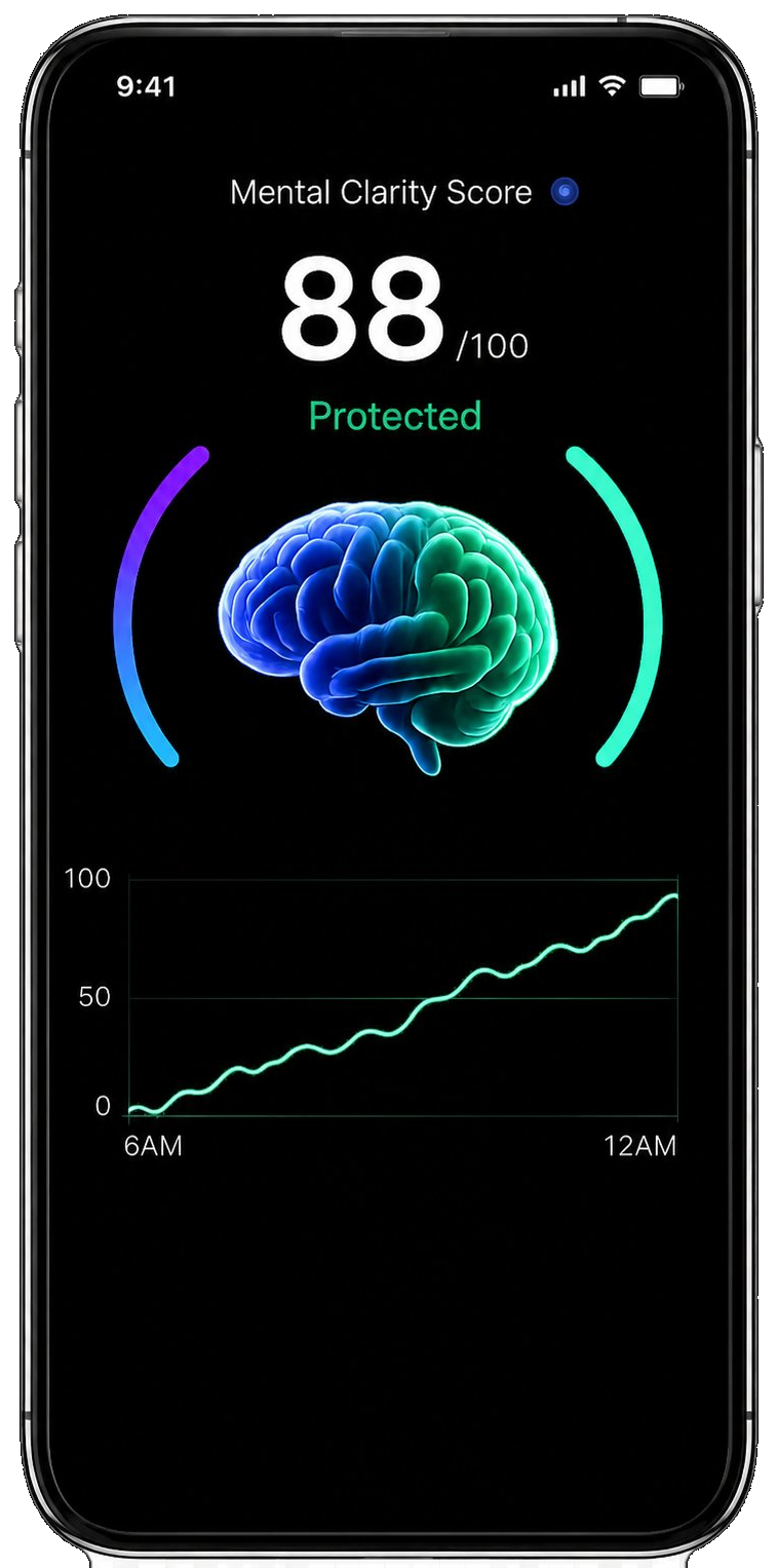 HeadUp app showing your Mental Clarity Score in real time